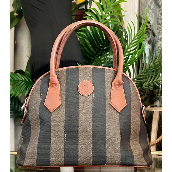 Fendi Handbags - Vintage Fendi Zucca Striped Canvas & Leather Handbag
